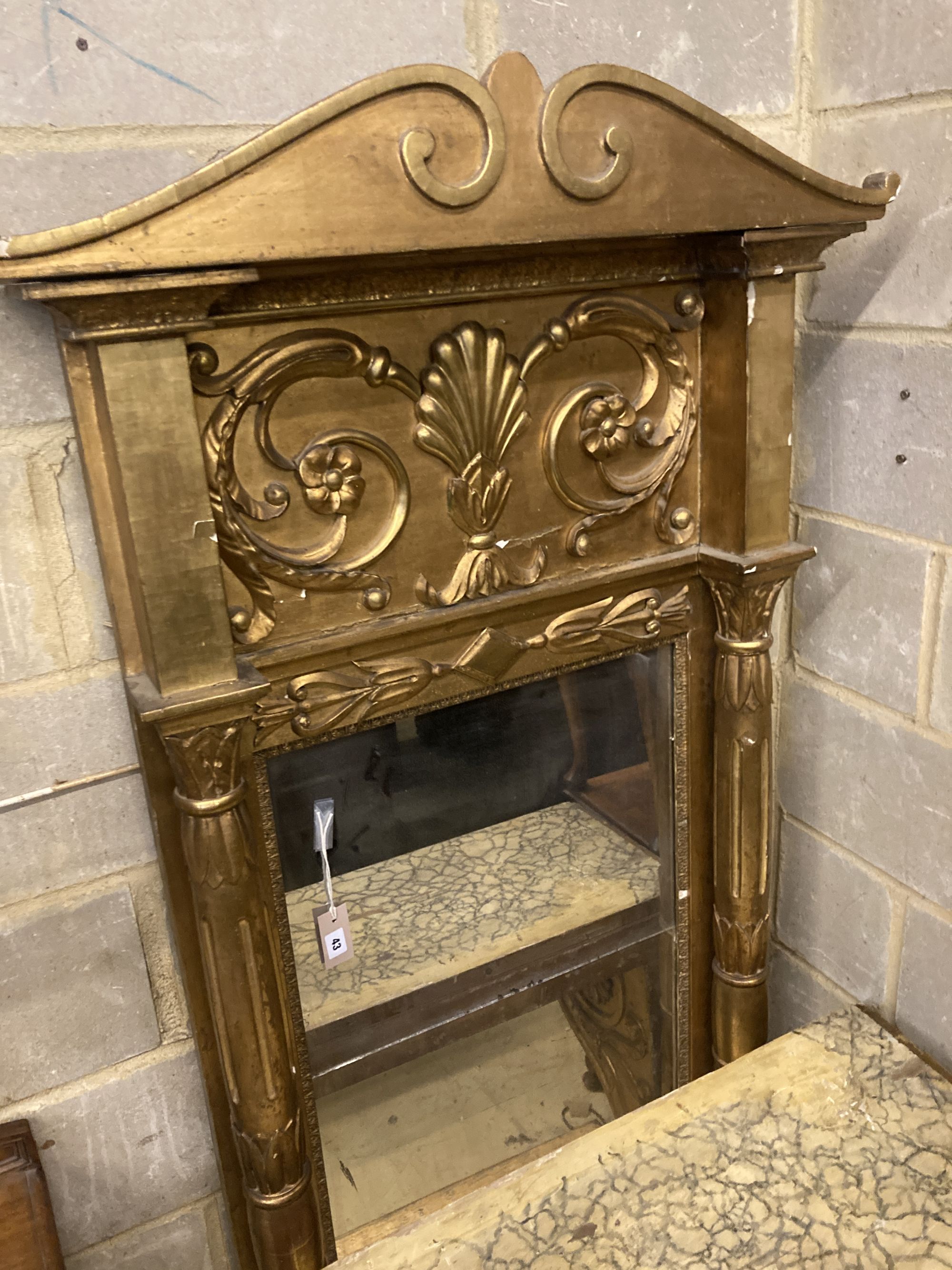 A Regency giltwood and gesso pier table and mirror, with painted faux marble top, width 95cm depth 40cm height 262cm
